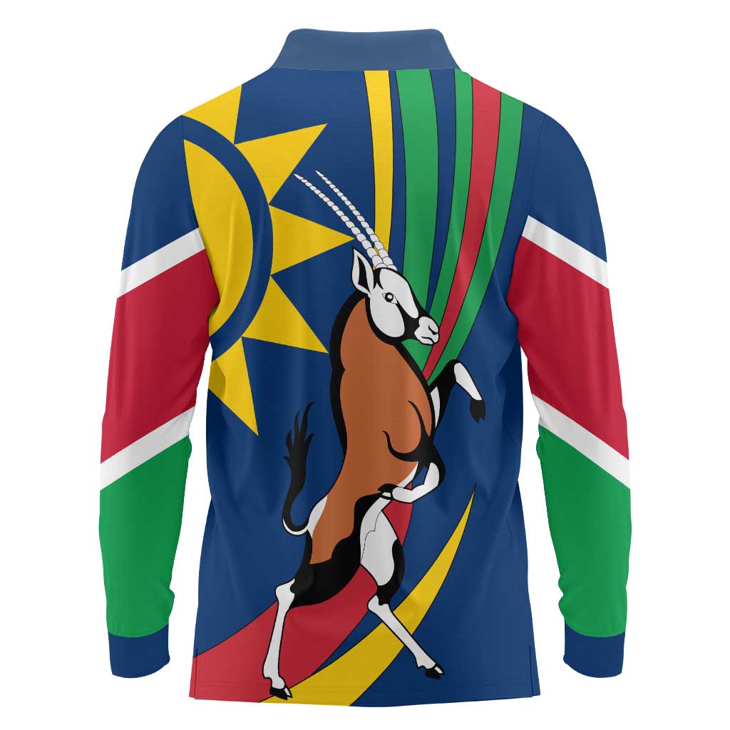 Namibia National Emblem Long Sleeve Polo Shirt Flag Colors & Symbolic Animals Design