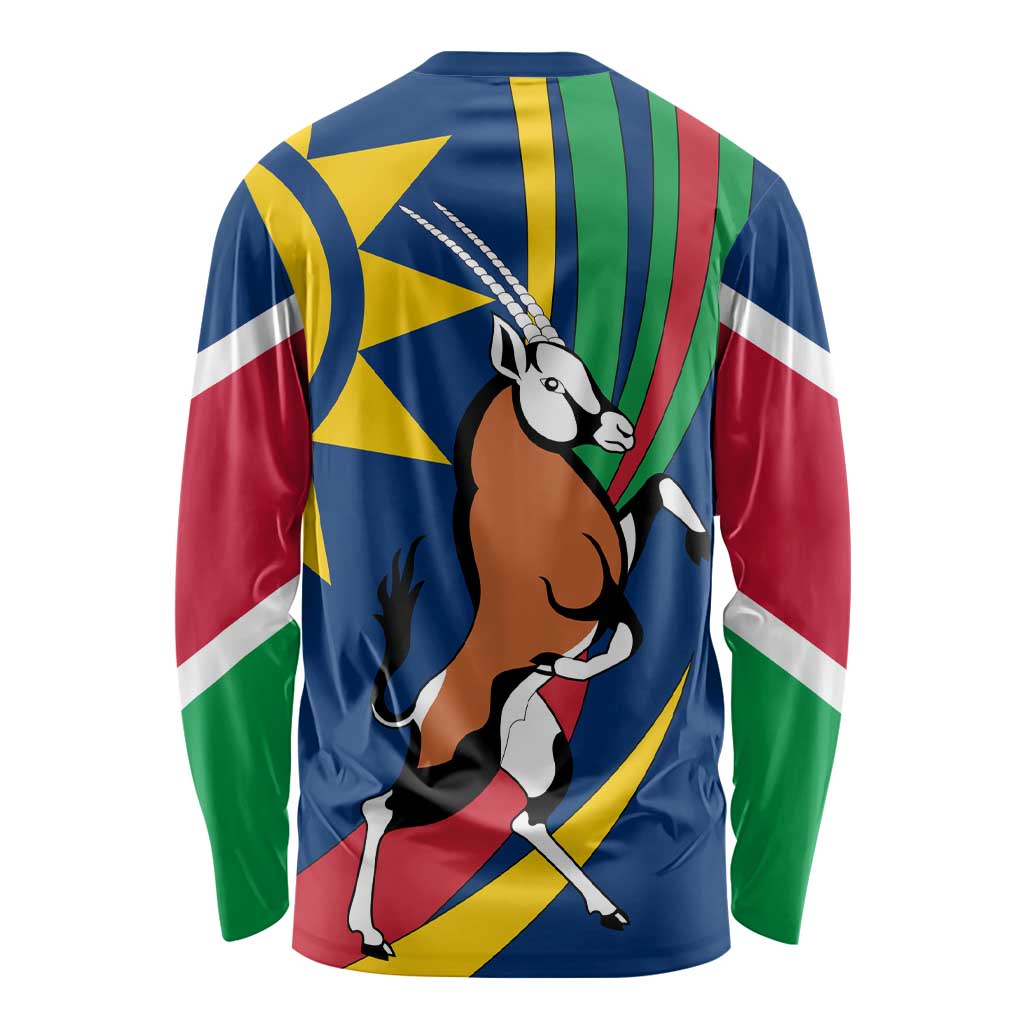 Namibia National Emblem Long Sleeve Shirt Flag Colors & Symbolic Animals Design