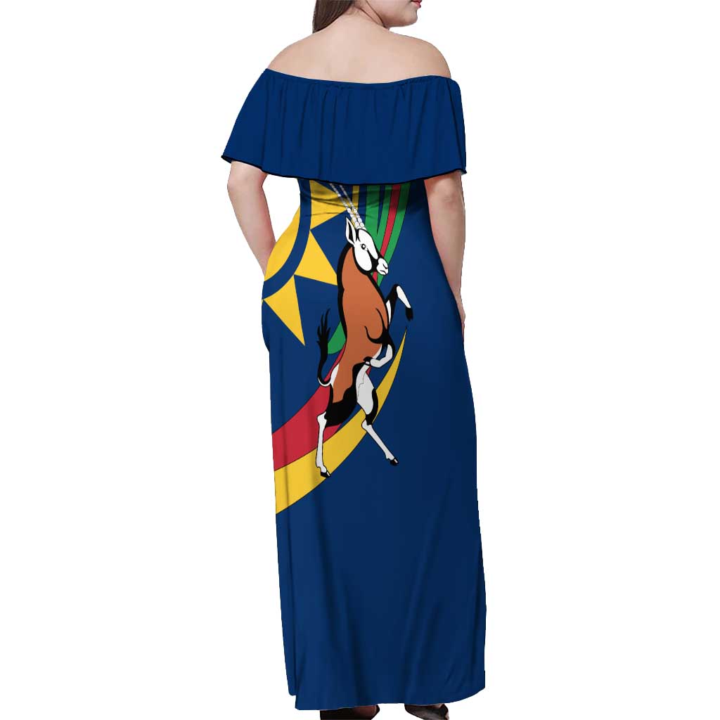 Namibia National Emblem Off Shoulder Maxi Dress Flag Colors & Symbolic Animals Design