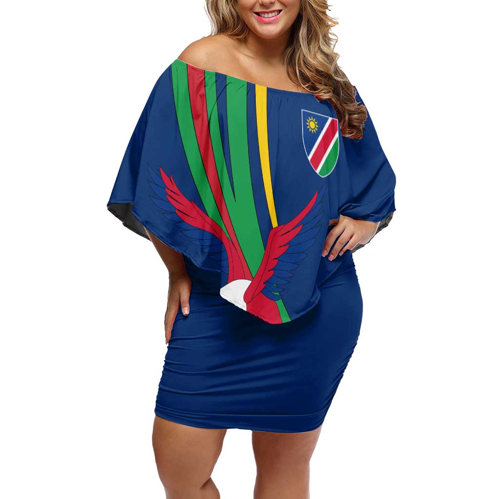 Namibia National Emblem Off Shoulder Short Dress Flag Colors & Symbolic Animals Design