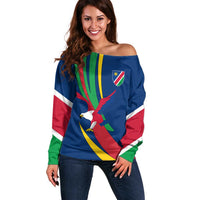 Namibia National Emblem Off Shoulder Sweater Flag Colors & Symbolic Animals Design