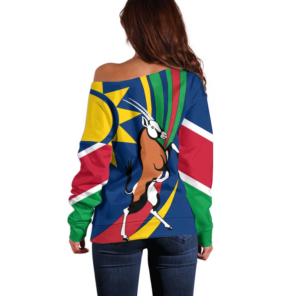 Namibia National Emblem Off Shoulder Sweater Flag Colors & Symbolic Animals Design