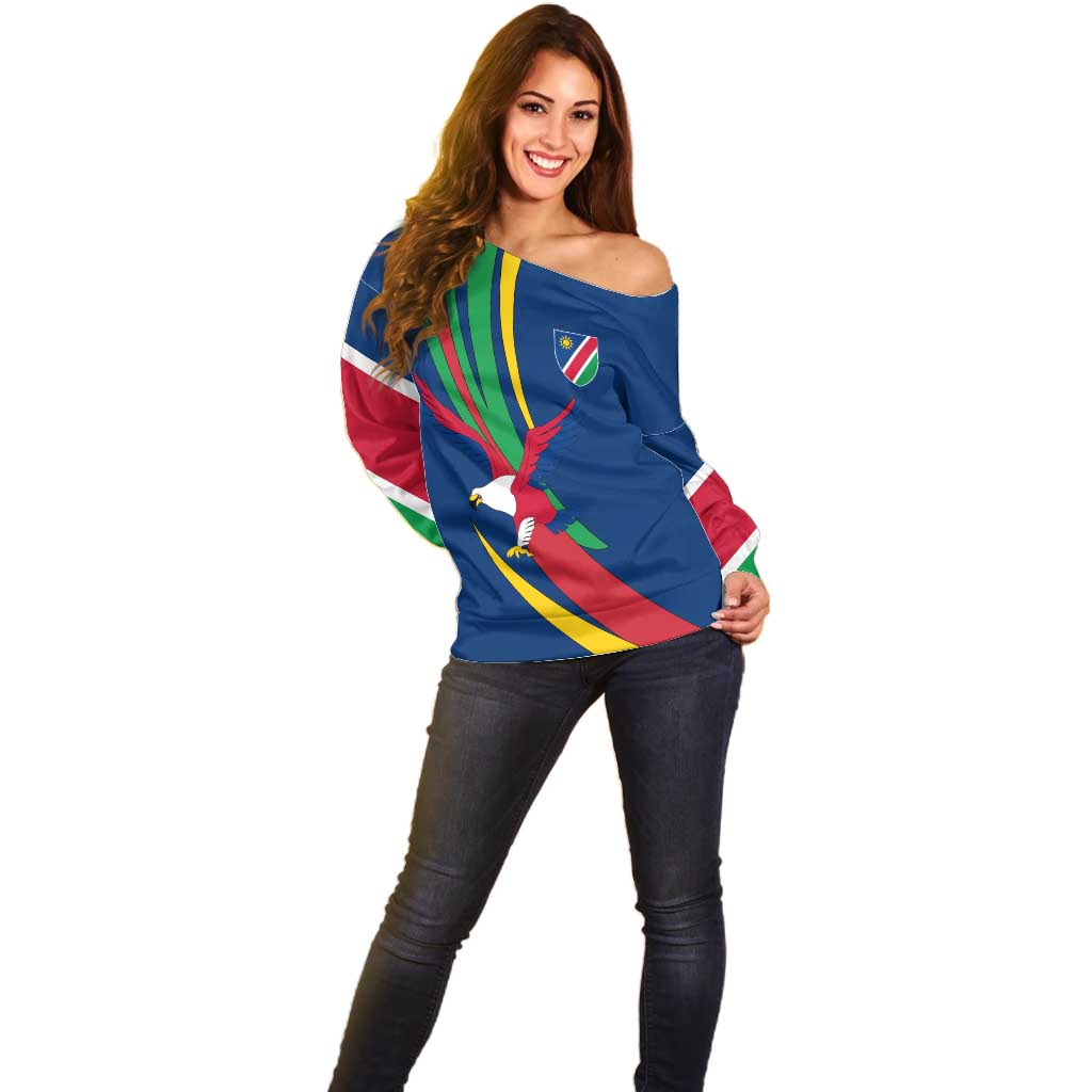 Namibia National Emblem Off Shoulder Sweater Flag Colors & Symbolic Animals Design