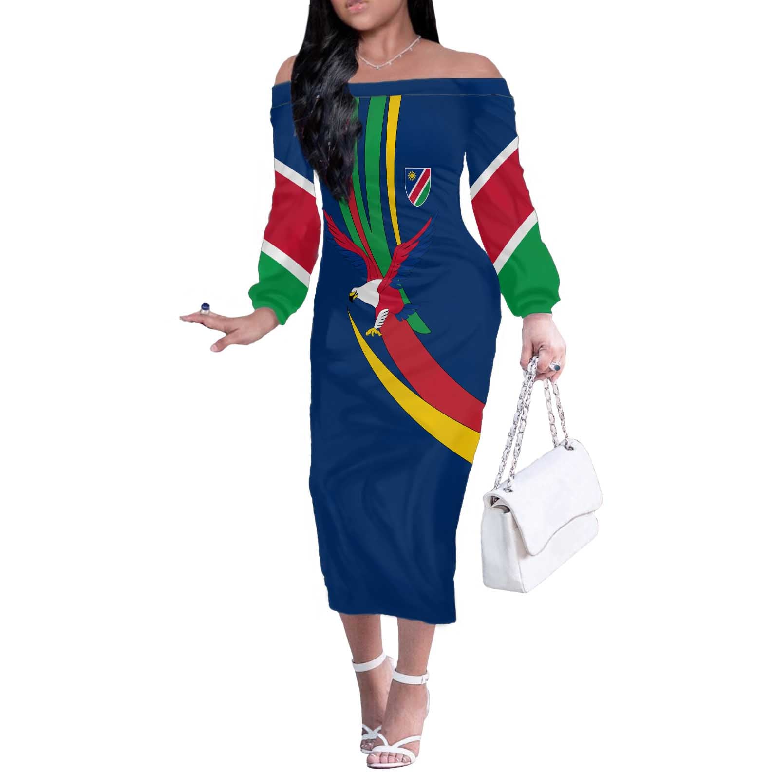 Namibia National Emblem Off The Shoulder Long Sleeve Dress Flag Colors & Symbolic Animals Design