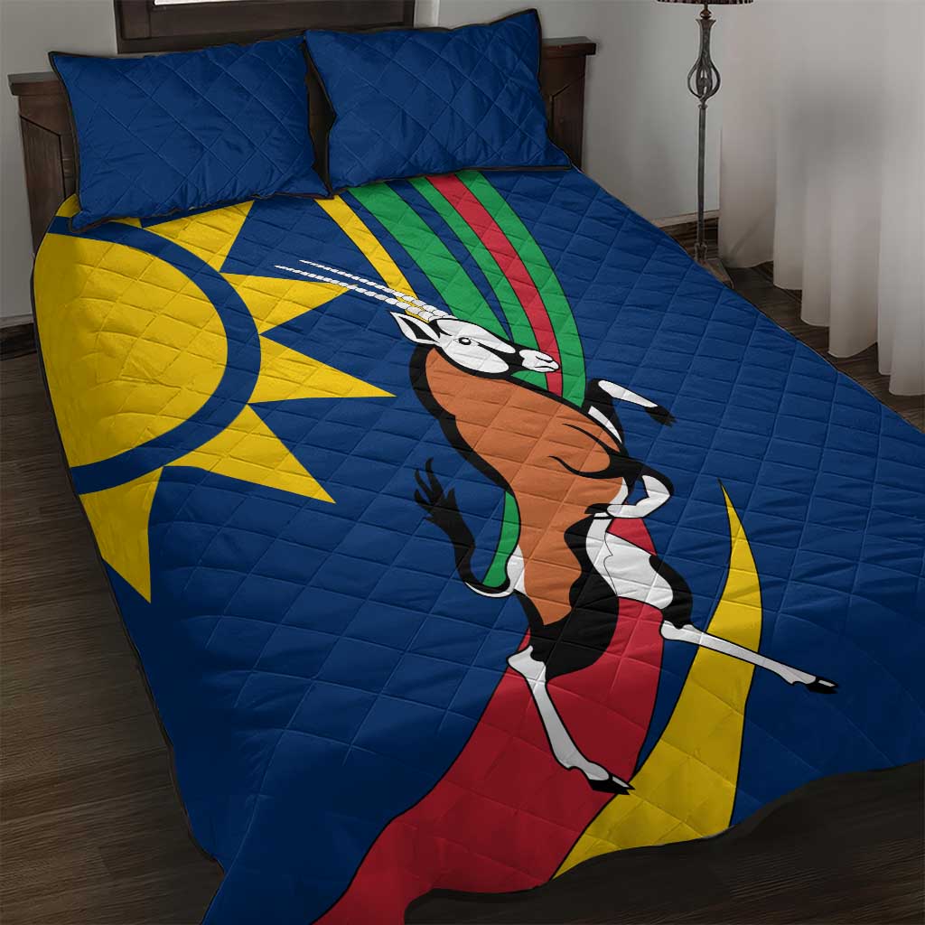 Namibia National Emblem Quilt Bed Set Flag Colors & Symbolic Animals Design