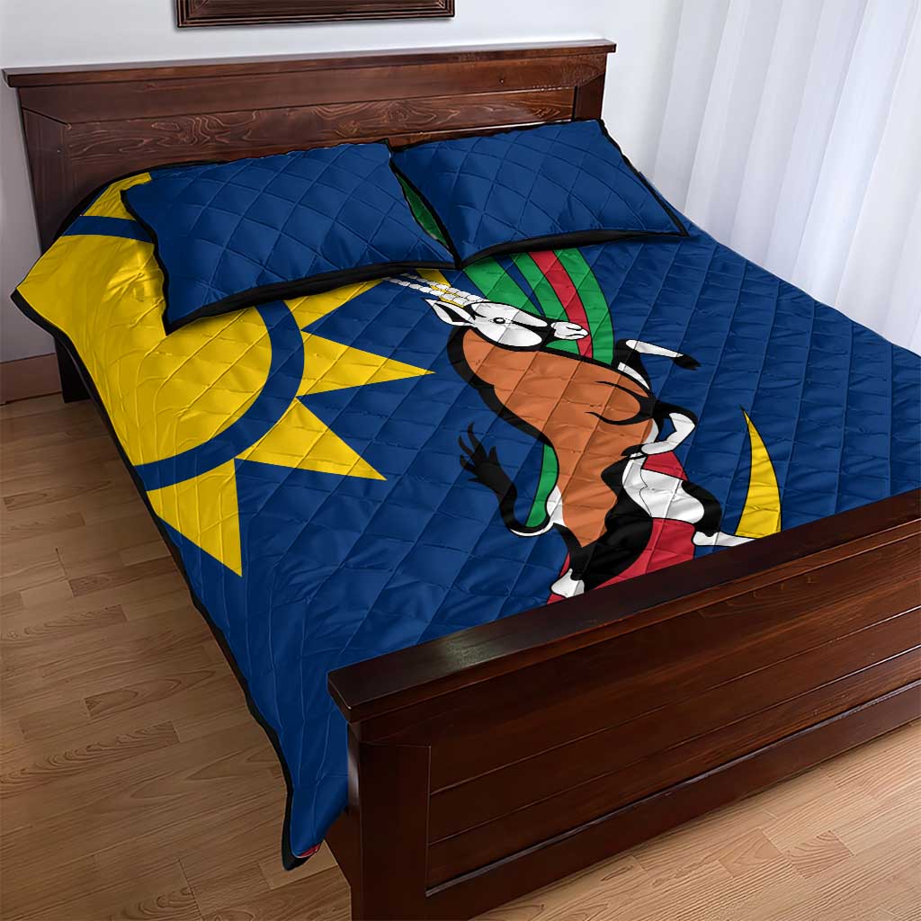 Namibia National Emblem Quilt Bed Set Flag Colors & Symbolic Animals Design