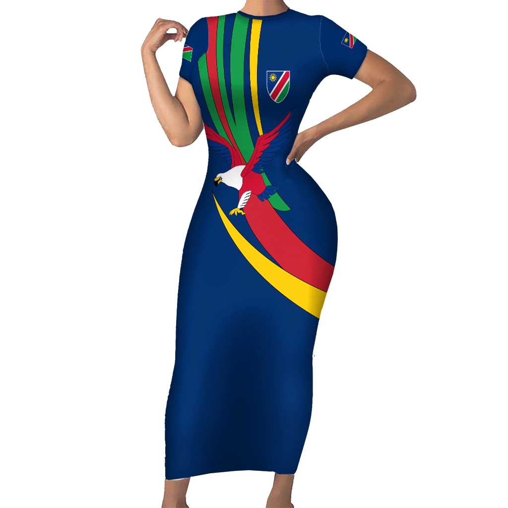 Namibia National Emblem Short Sleeve Bodycon Dress Flag Colors & Symbolic Animals Design