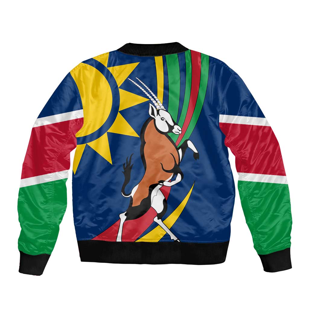 Namibia National Emblem Sleeve Zip Bomber Jacket Flag Colors & Symbolic Animals Design