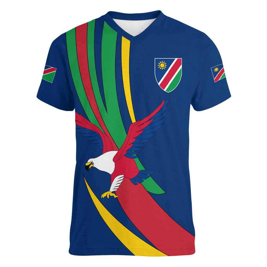 Namibia National Emblem Women V-Neck T-Shirt Flag Colors & Symbolic Animals Design