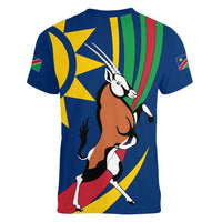 Namibia National Emblem Women V-Neck T-Shirt Flag Colors & Symbolic Animals Design