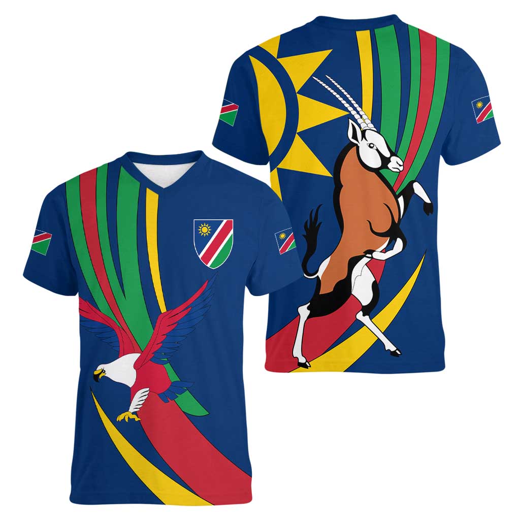 Namibia National Emblem Women V-Neck T-Shirt Flag Colors & Symbolic Animals Design
