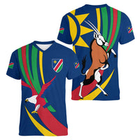 Namibia National Emblem Women V-Neck T-Shirt Flag Colors & Symbolic Animals Design