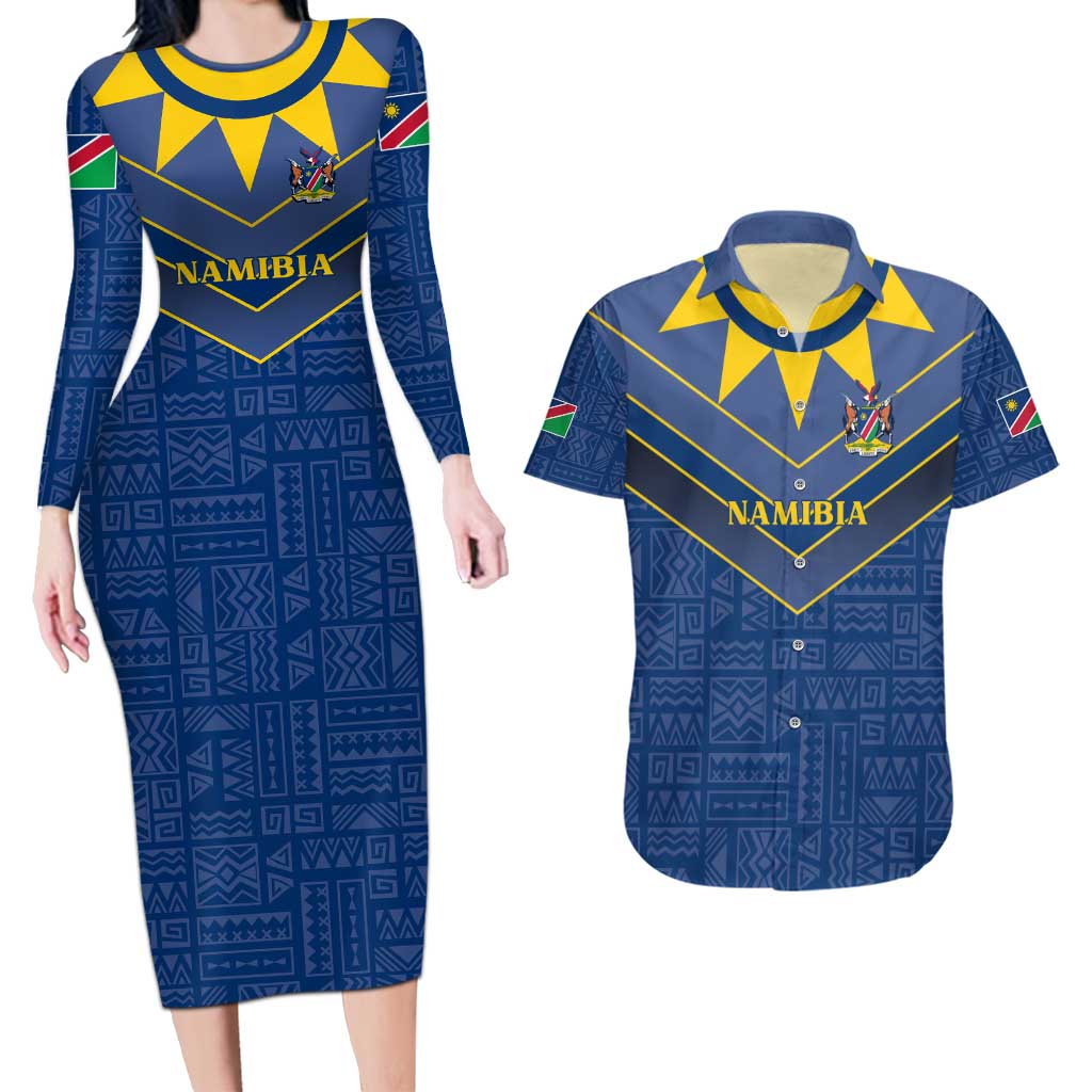 Namibia National Emblem Couples Matching Long Sleeve Bodycon Dress and Hawaiian Shirt Sporty Style with Traditional Patterns
