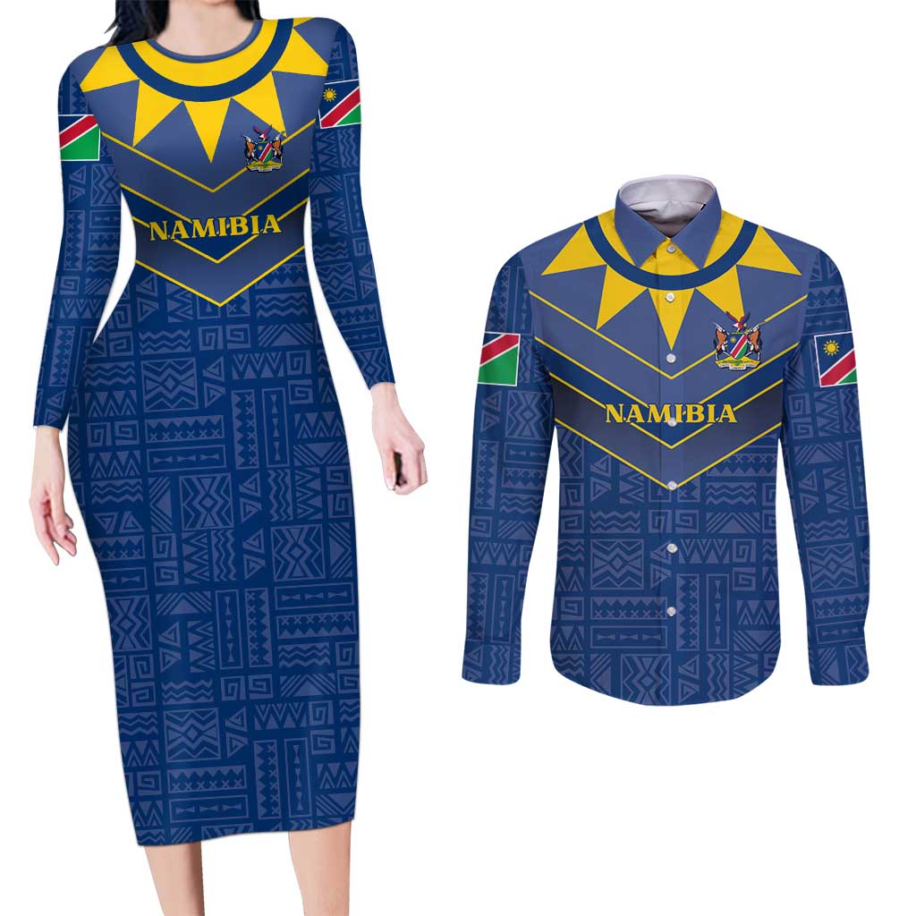 Namibia National Emblem Couples Matching Long Sleeve Bodycon Dress and Long Sleeve Button Shirt Sporty Style with Traditional Patterns