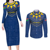 Namibia National Emblem Couples Matching Long Sleeve Bodycon Dress and Long Sleeve Button Shirt Sporty Style with Traditional Patterns