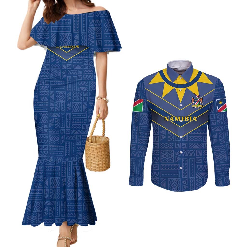 Namibia National Emblem Couples Matching Mermaid Dress and Long Sleeve Button Shirt Sporty Style with Traditional Patterns TS04