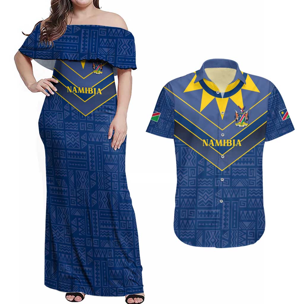 Namibia National Emblem Couples Matching Off Shoulder Maxi Dress and Hawaiian Shirt Sporty Style with Traditional Patterns