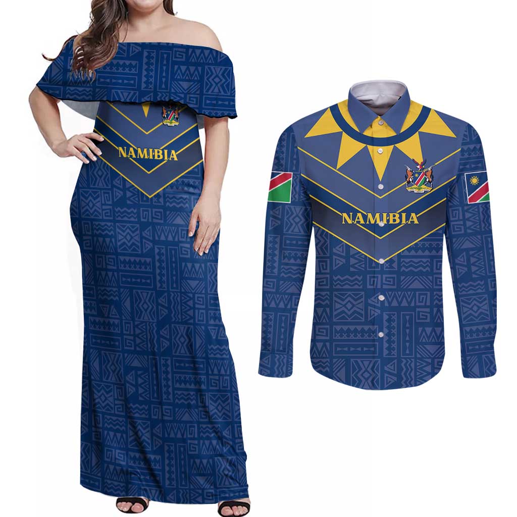 Namibia National Emblem Couples Matching Off Shoulder Maxi Dress and Long Sleeve Button Shirt Sporty Style with Traditional Patterns