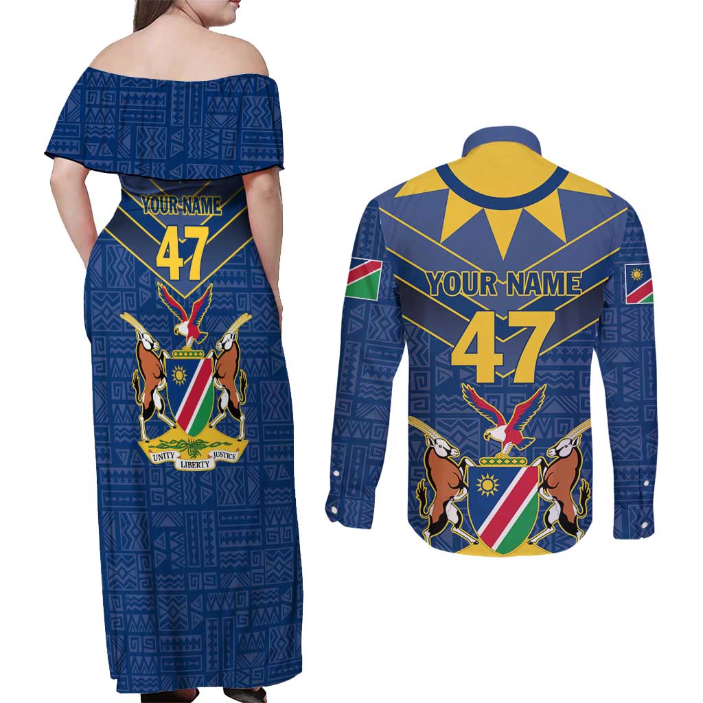Namibia National Emblem Couples Matching Off Shoulder Maxi Dress and Long Sleeve Button Shirt Sporty Style with Traditional Patterns