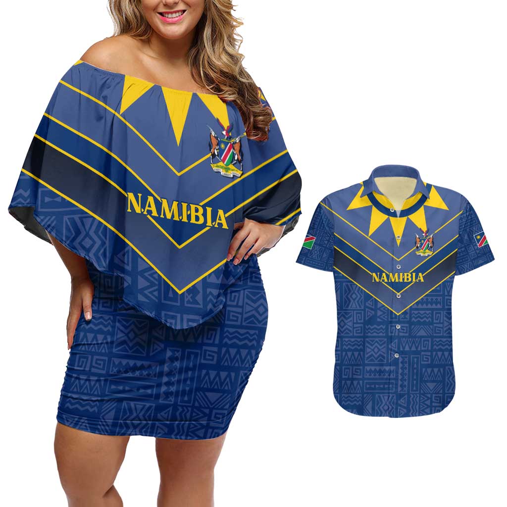 Namibia National Emblem Couples Matching Off Shoulder Short Dress and Hawaiian Shirt Sporty Style with Traditional Patterns