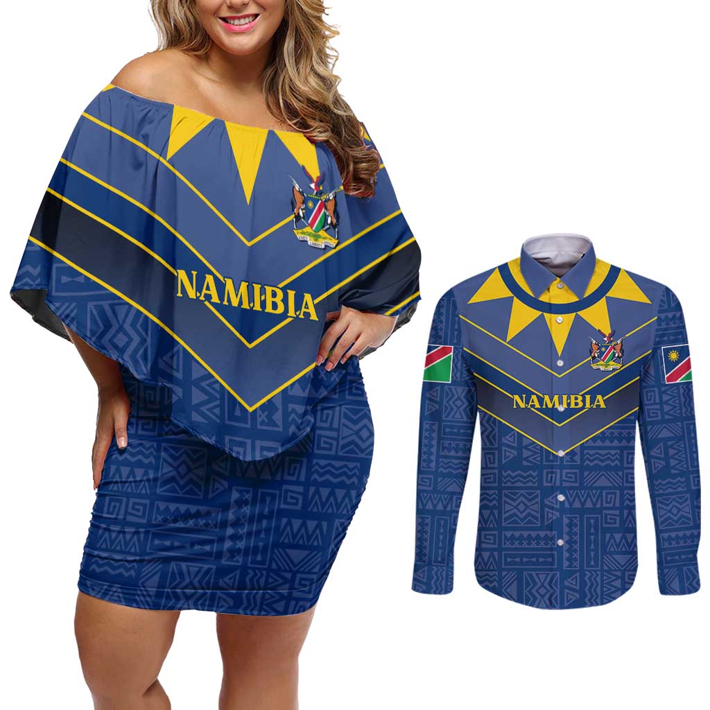 Namibia National Emblem Couples Matching Off Shoulder Short Dress and Long Sleeve Button Shirt Sporty Style with Traditional Patterns