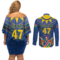 Namibia National Emblem Couples Matching Off Shoulder Short Dress and Long Sleeve Button Shirt Sporty Style with Traditional Patterns