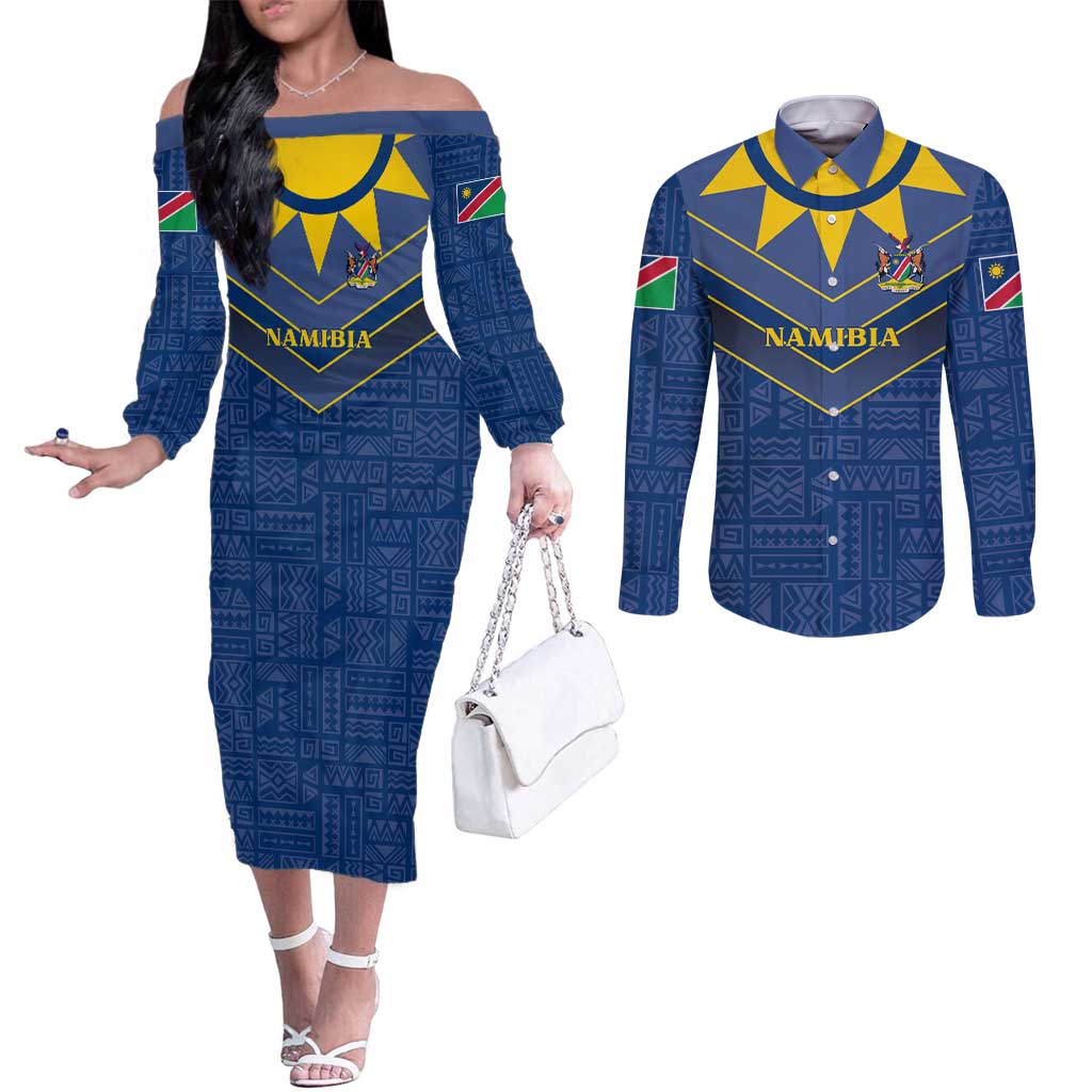 Namibia National Emblem Couples Matching Off The Shoulder Long Sleeve Dress and Long Sleeve Button Shirt Sporty Style with Traditional Patterns