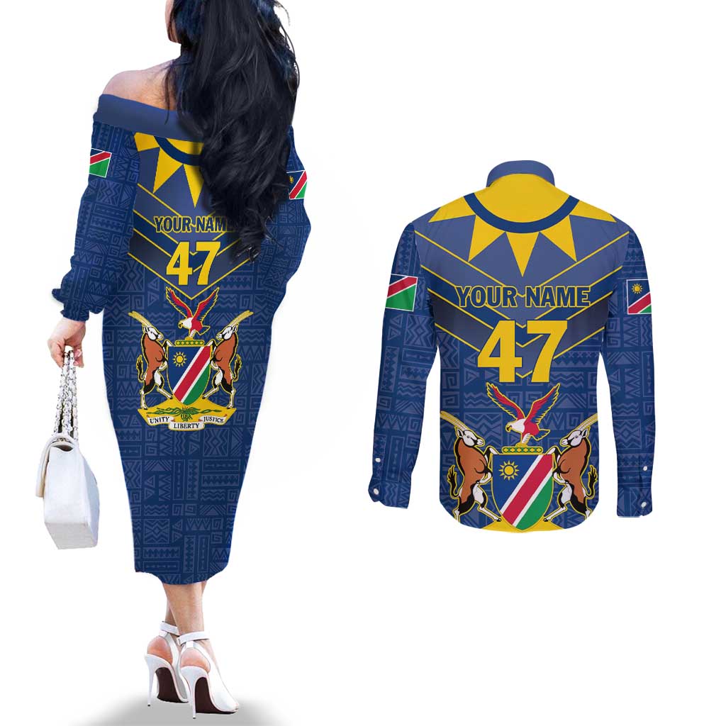 Namibia National Emblem Couples Matching Off The Shoulder Long Sleeve Dress and Long Sleeve Button Shirt Sporty Style with Traditional Patterns