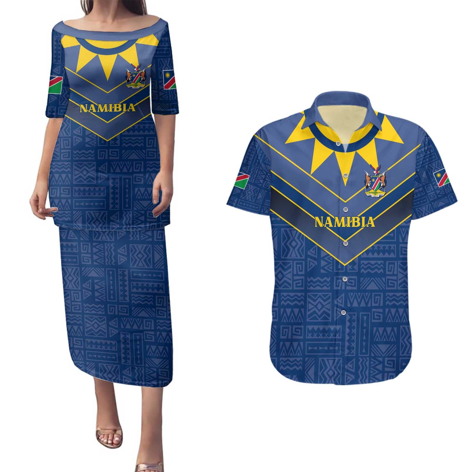 Namibia National Emblem Couples Matching Puletasi and Hawaiian Shirt Sporty Style with Traditional Patterns