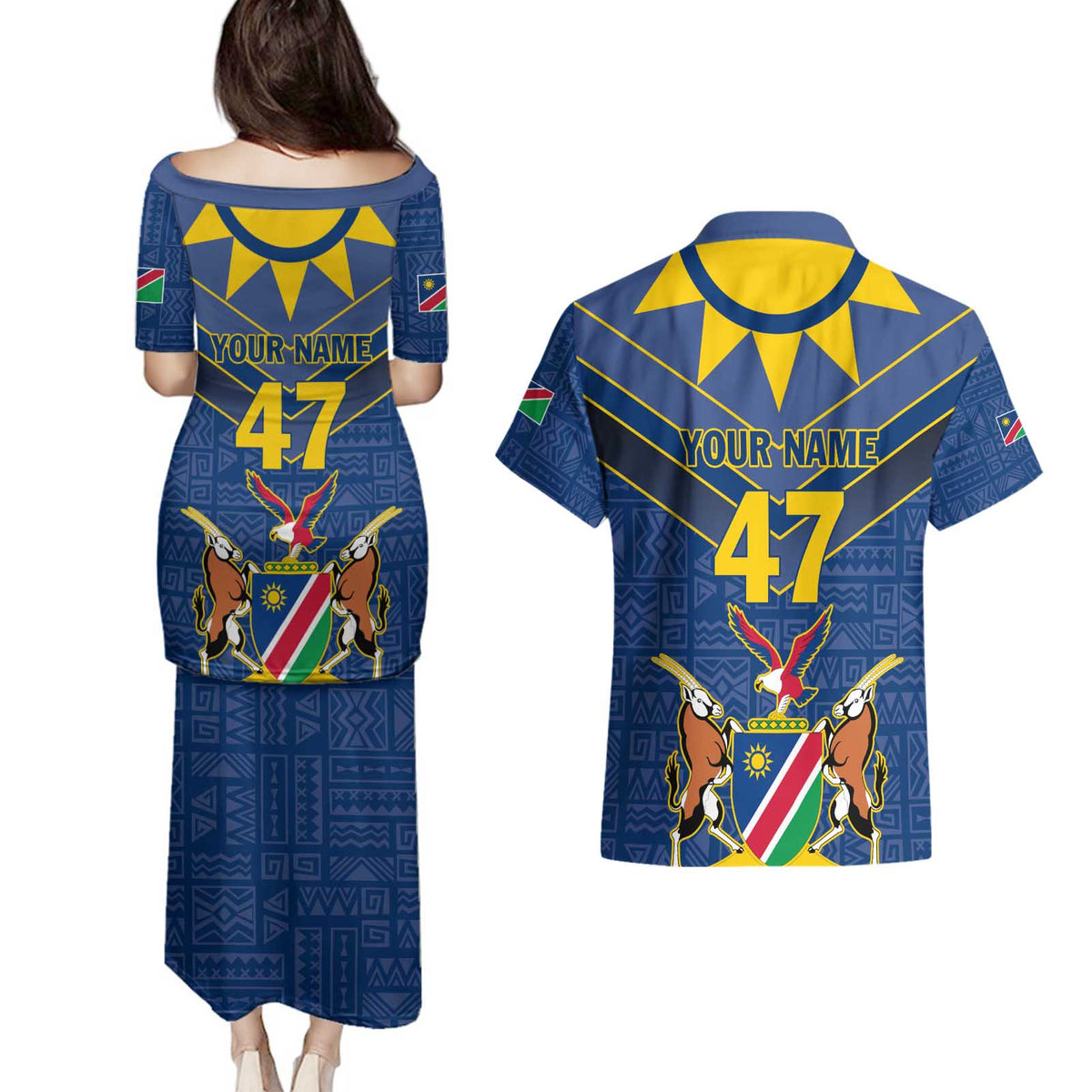 Namibia National Emblem Couples Matching Puletasi and Hawaiian Shirt Sporty Style with Traditional Patterns