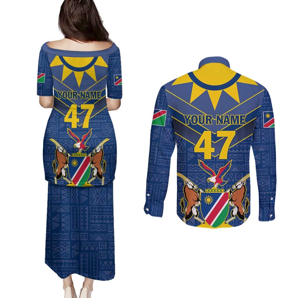 Namibia National Emblem Couples Matching Puletasi and Long Sleeve Button Shirt Sporty Style with Traditional Patterns TS04