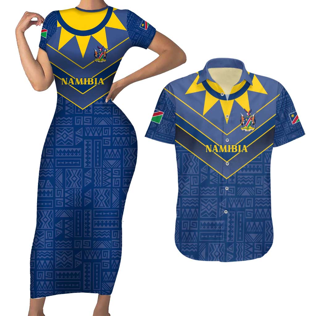 Namibia National Emblem Couples Matching Short Sleeve Bodycon Dress and Hawaiian Shirt Sporty Style with Traditional Patterns