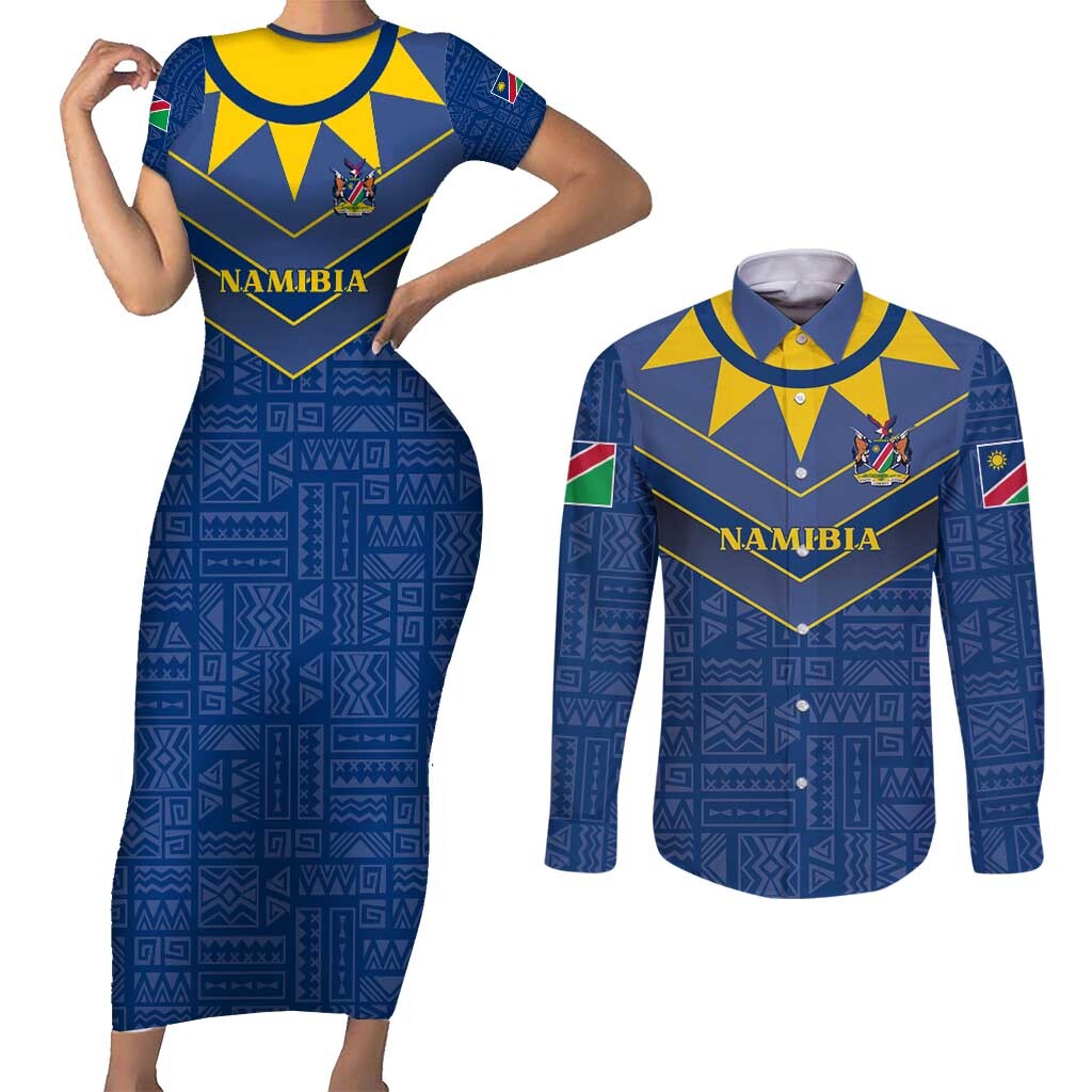 Namibia National Emblem Couples Matching Short Sleeve Bodycon Dress and Long Sleeve Button Shirt Sporty Style with Traditional Patterns TS04