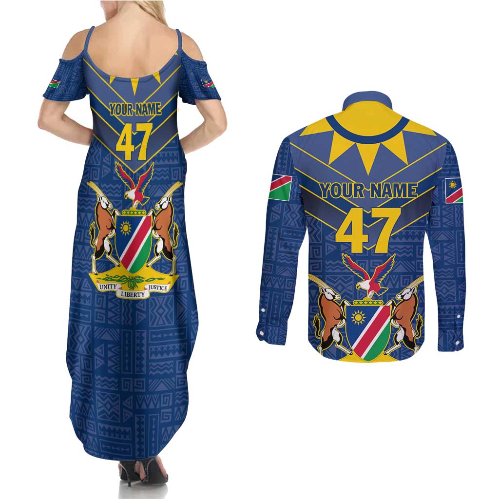 Namibia National Emblem Couples Matching Summer Maxi Dress and Long Sleeve Button Shirt Sporty Style with Traditional Patterns