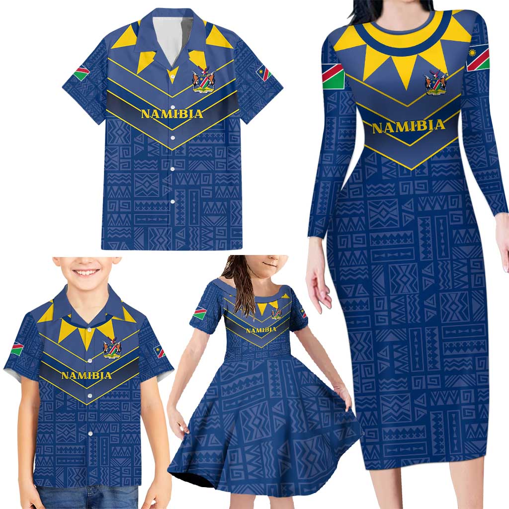 Namibia National Emblem Family Matching Long Sleeve Bodycon Dress and Hawaiian Shirt Sporty Style with Traditional Patterns