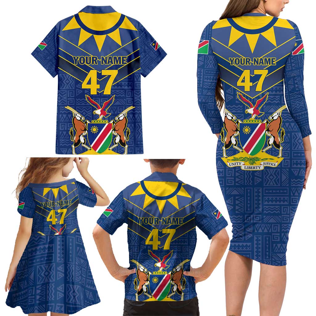 Namibia National Emblem Family Matching Long Sleeve Bodycon Dress and Hawaiian Shirt Sporty Style with Traditional Patterns