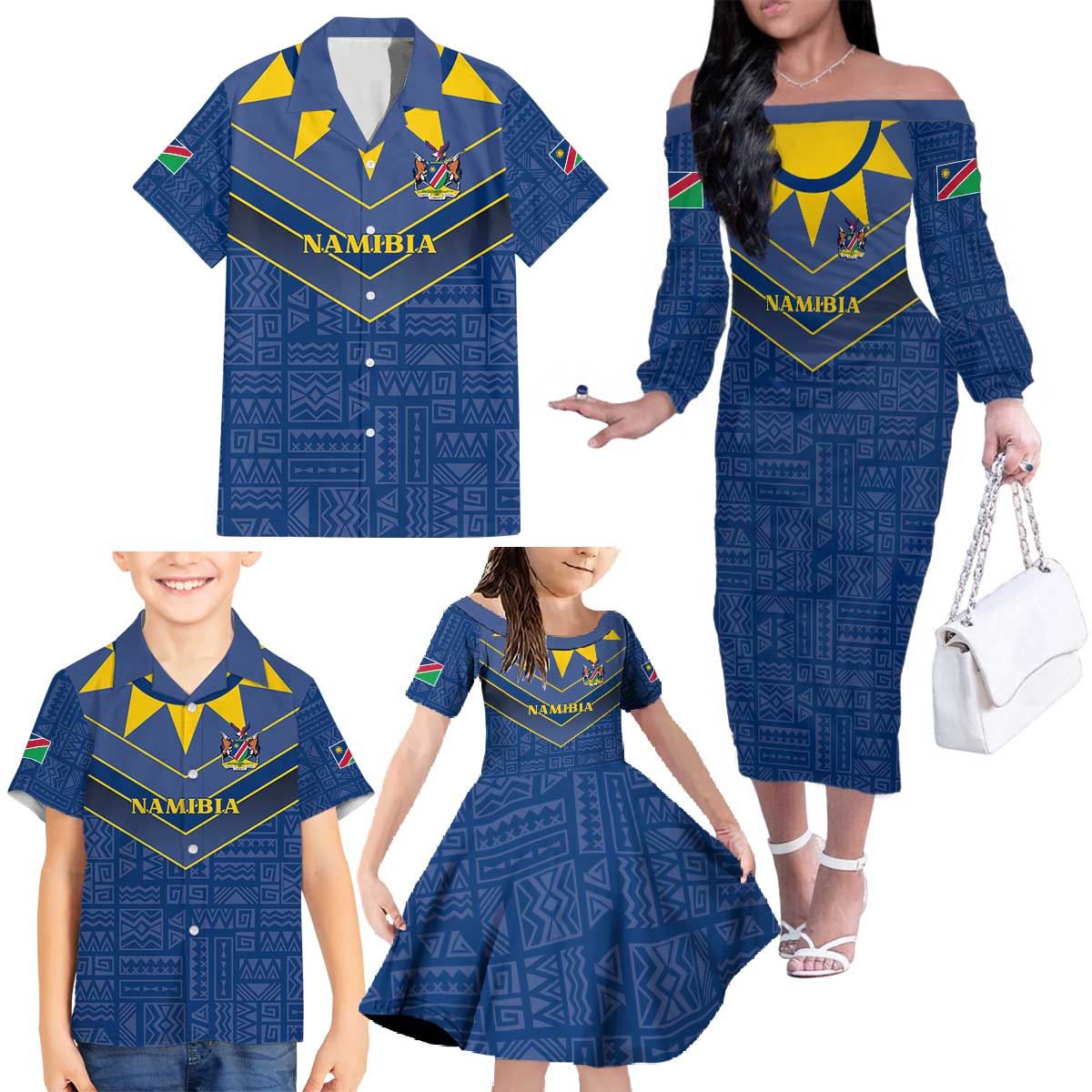 Namibia National Emblem Family Matching Off The Shoulder Long Sleeve Dress and Hawaiian Shirt Sporty Style with Traditional Patterns