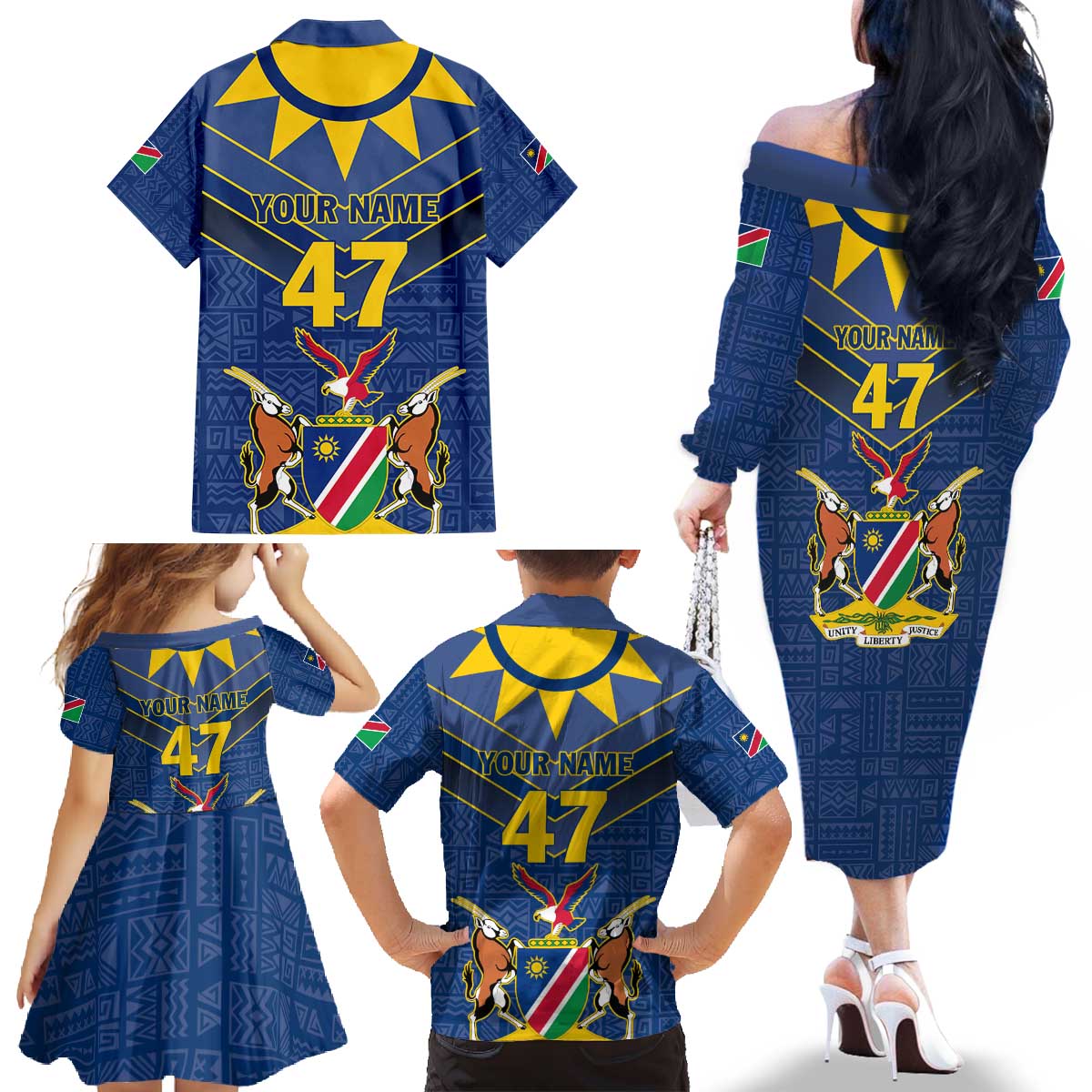 Namibia National Emblem Family Matching Off The Shoulder Long Sleeve Dress and Hawaiian Shirt Sporty Style with Traditional Patterns