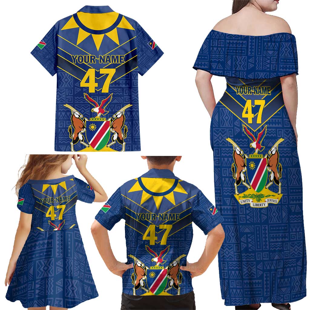Namibia National Emblem Family Matching Off Shoulder Maxi Dress and Hawaiian Shirt Sporty Style with Traditional Patterns