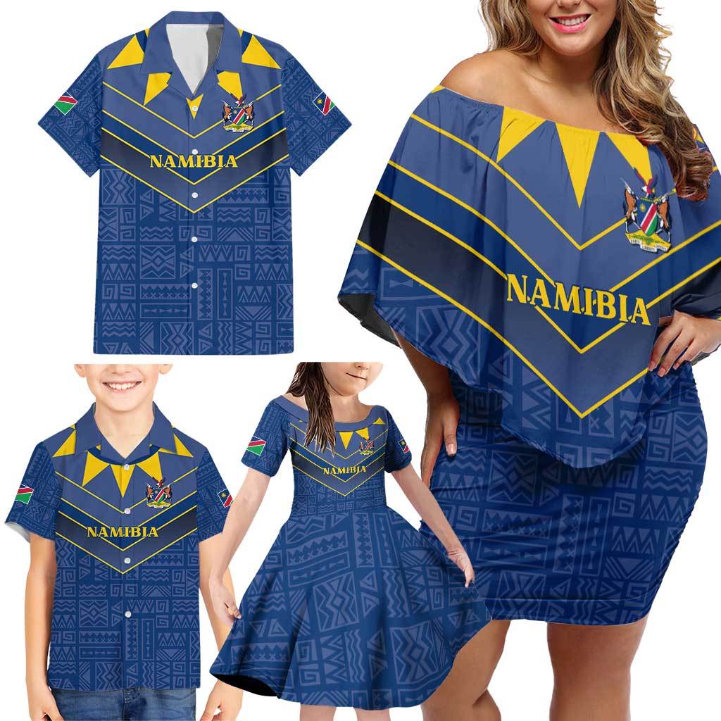 Namibia National Emblem Family Matching Off Shoulder Short Dress and Hawaiian Shirt Sporty Style with Traditional Patterns