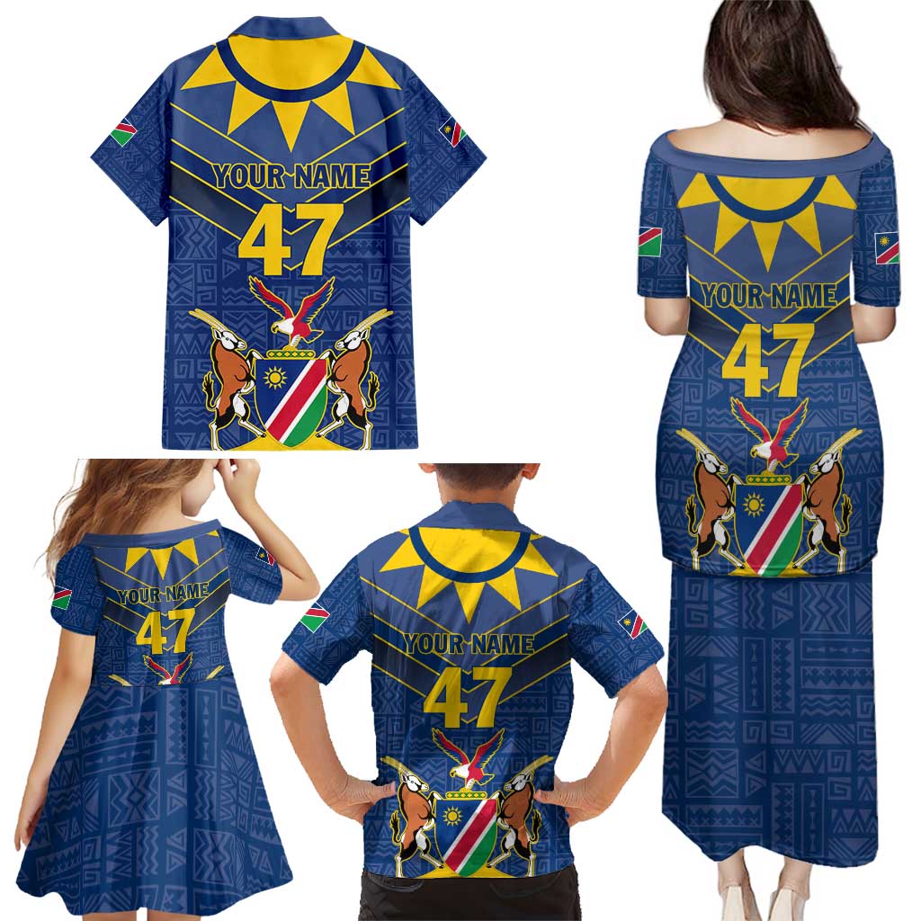 Namibia National Emblem Family Matching Puletasi and Hawaiian Shirt Sporty Style with Traditional Patterns