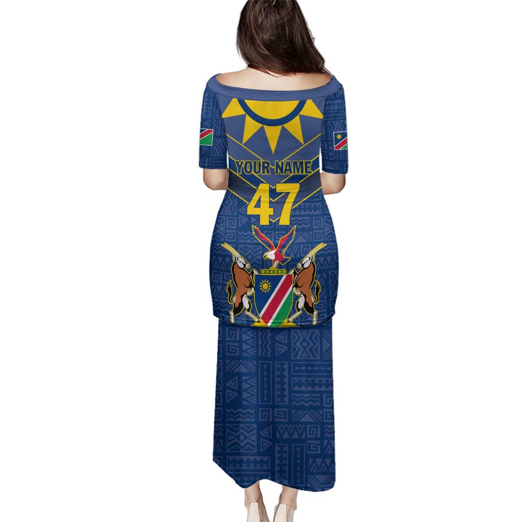 Namibia National Emblem Family Matching Puletasi and Hawaiian Shirt Sporty Style with Traditional Patterns