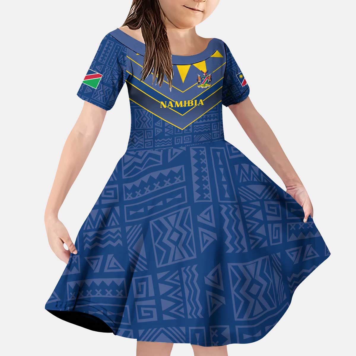 Namibia National Emblem Kid Short Sleeve Dress Sporty Style with Traditional Patterns