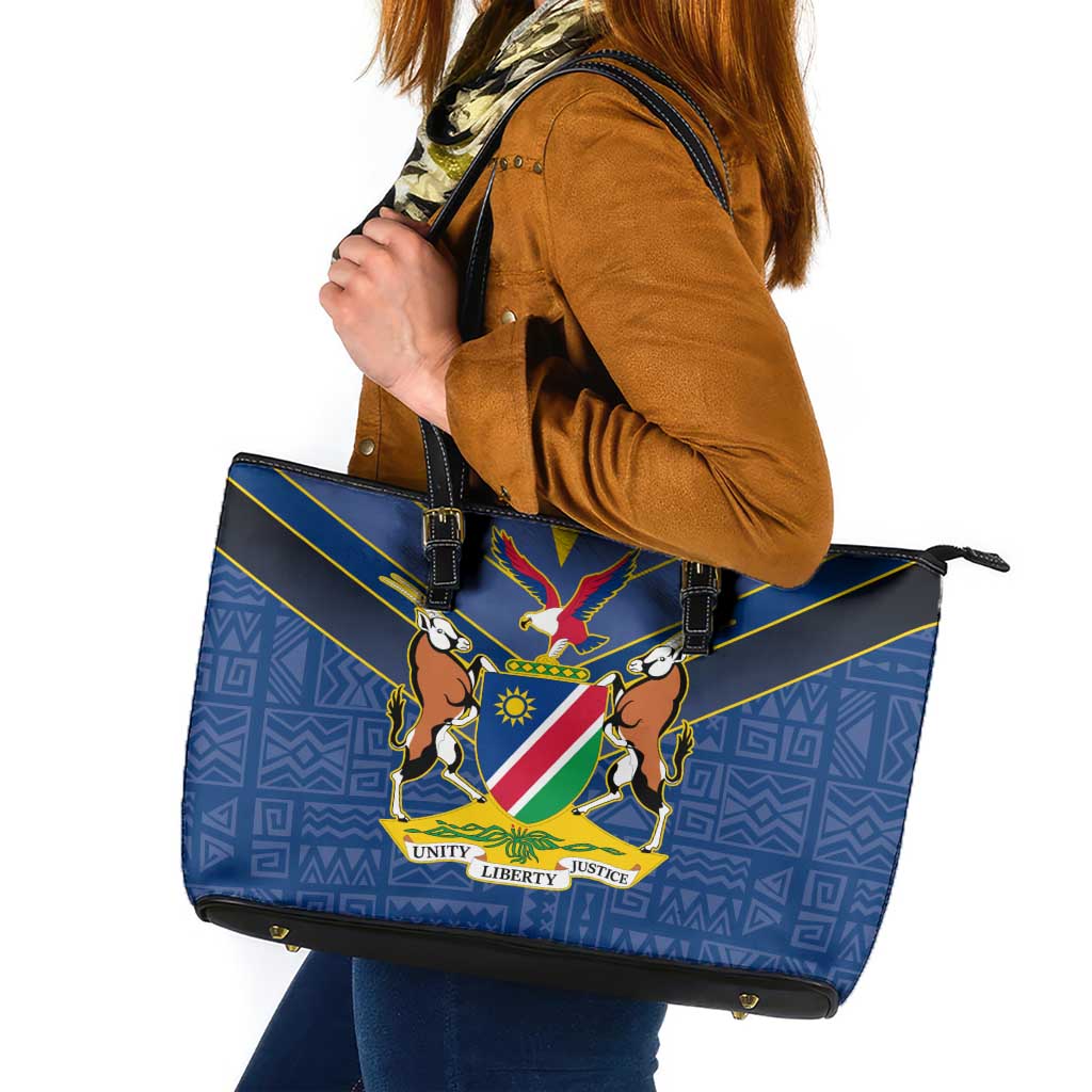 Namibia National Emblem Leather Tote Bag Sporty Style with Traditional Patterns
