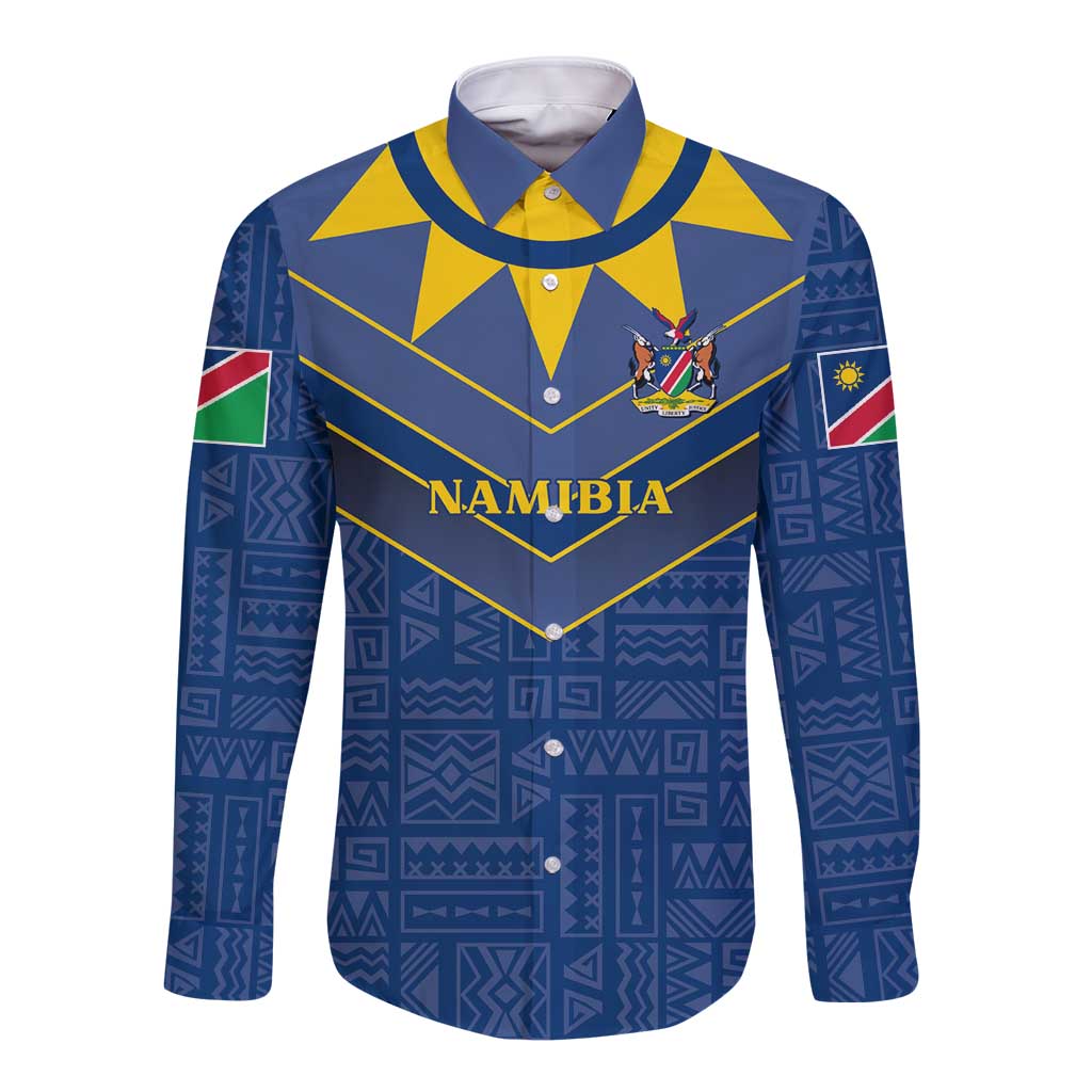 Namibia National Emblem Long Sleeve Button Shirt Sporty Style with Traditional Patterns