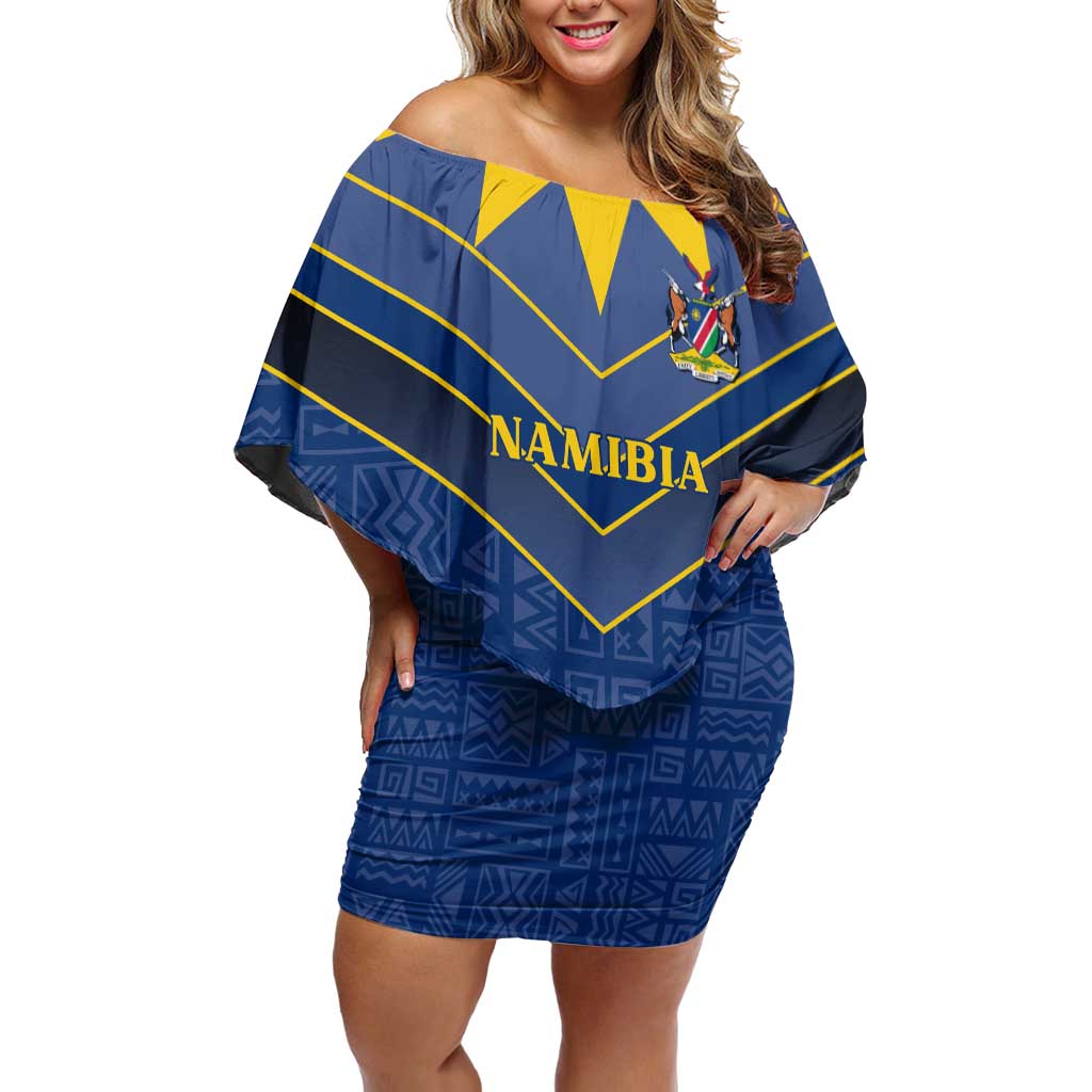 Namibia National Emblem Off Shoulder Short Dress Sporty Style with Traditional Patterns