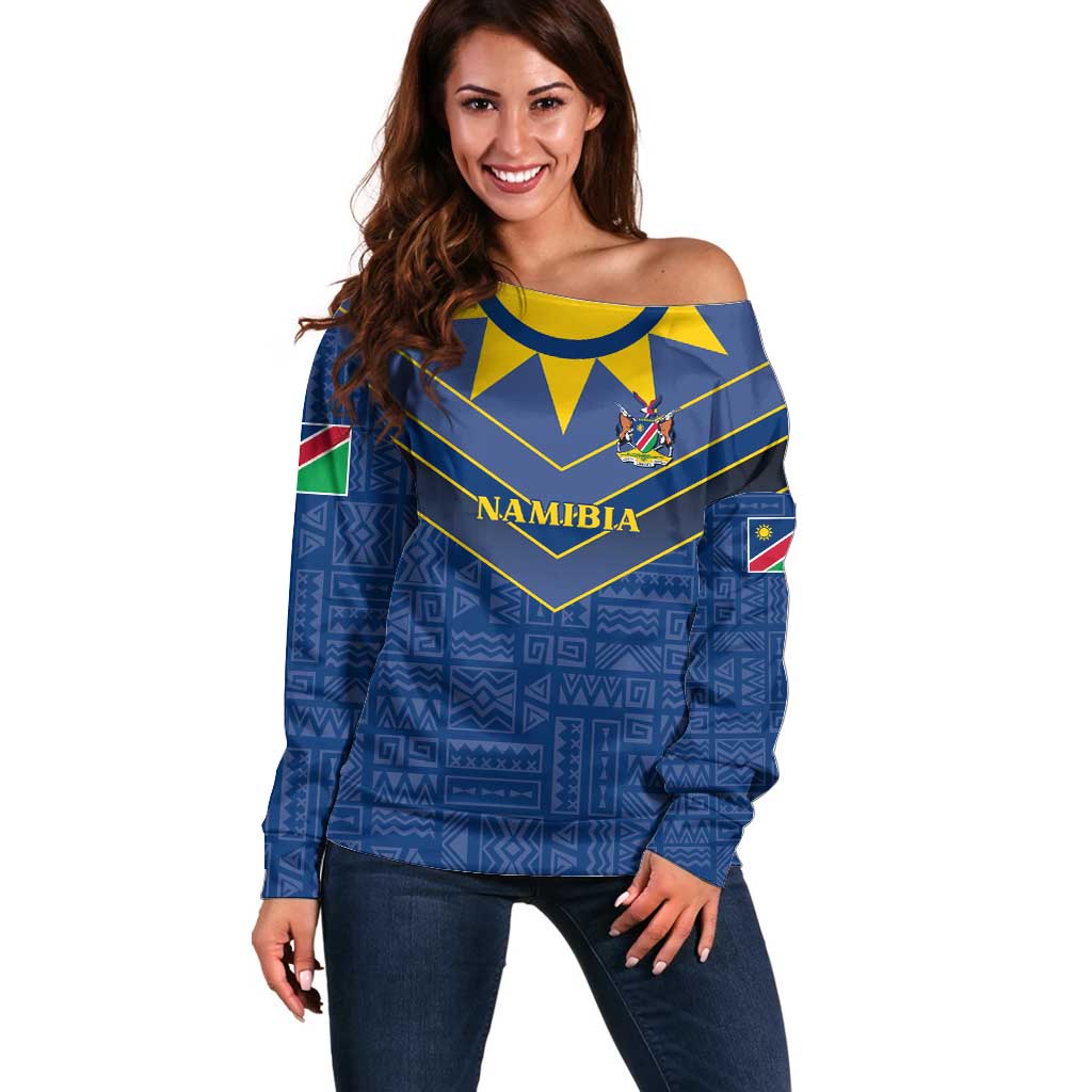 Namibia National Emblem Off Shoulder Sweater Sporty Style with Traditional Patterns