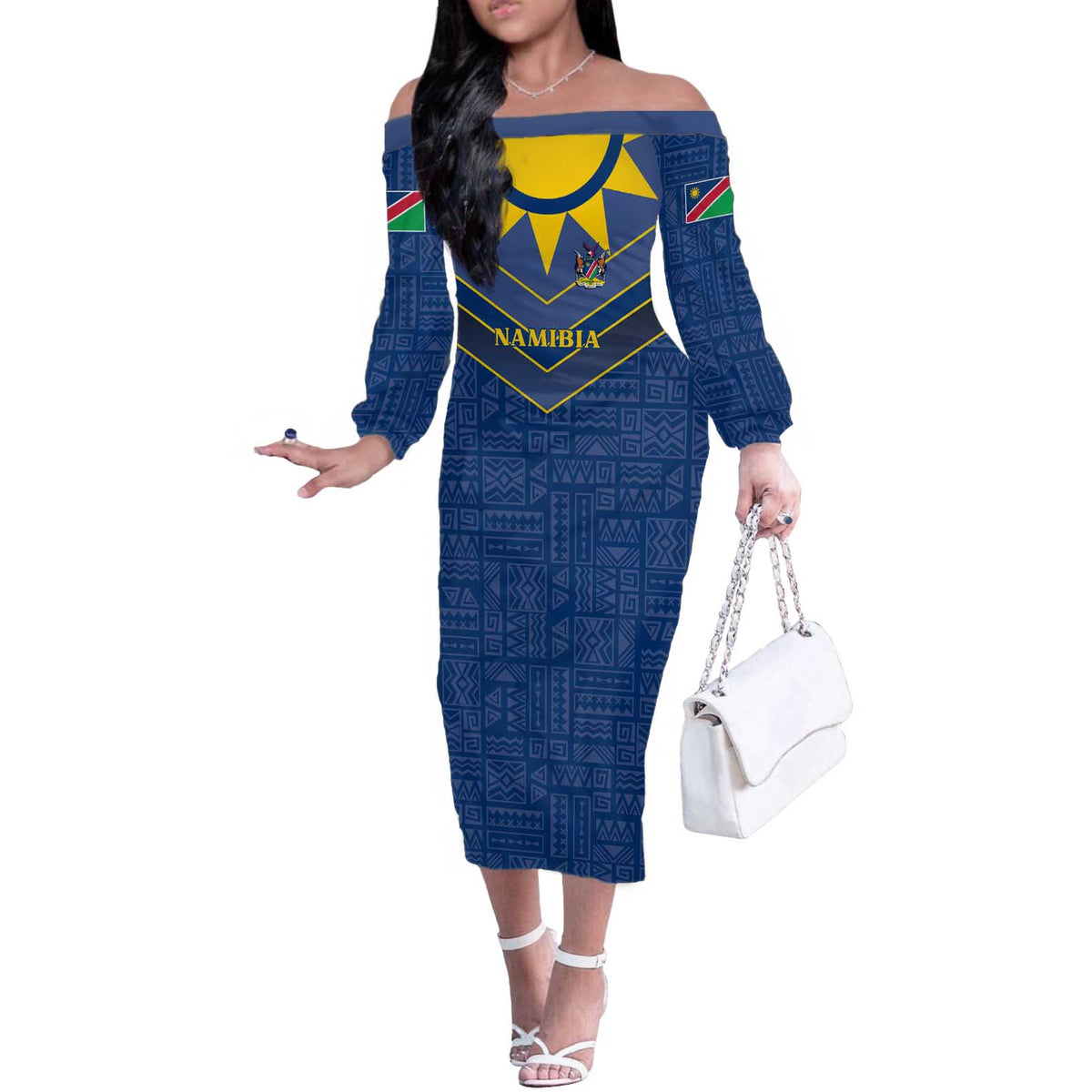 Namibia National Emblem Off The Shoulder Long Sleeve Dress Sporty Style with Traditional Patterns