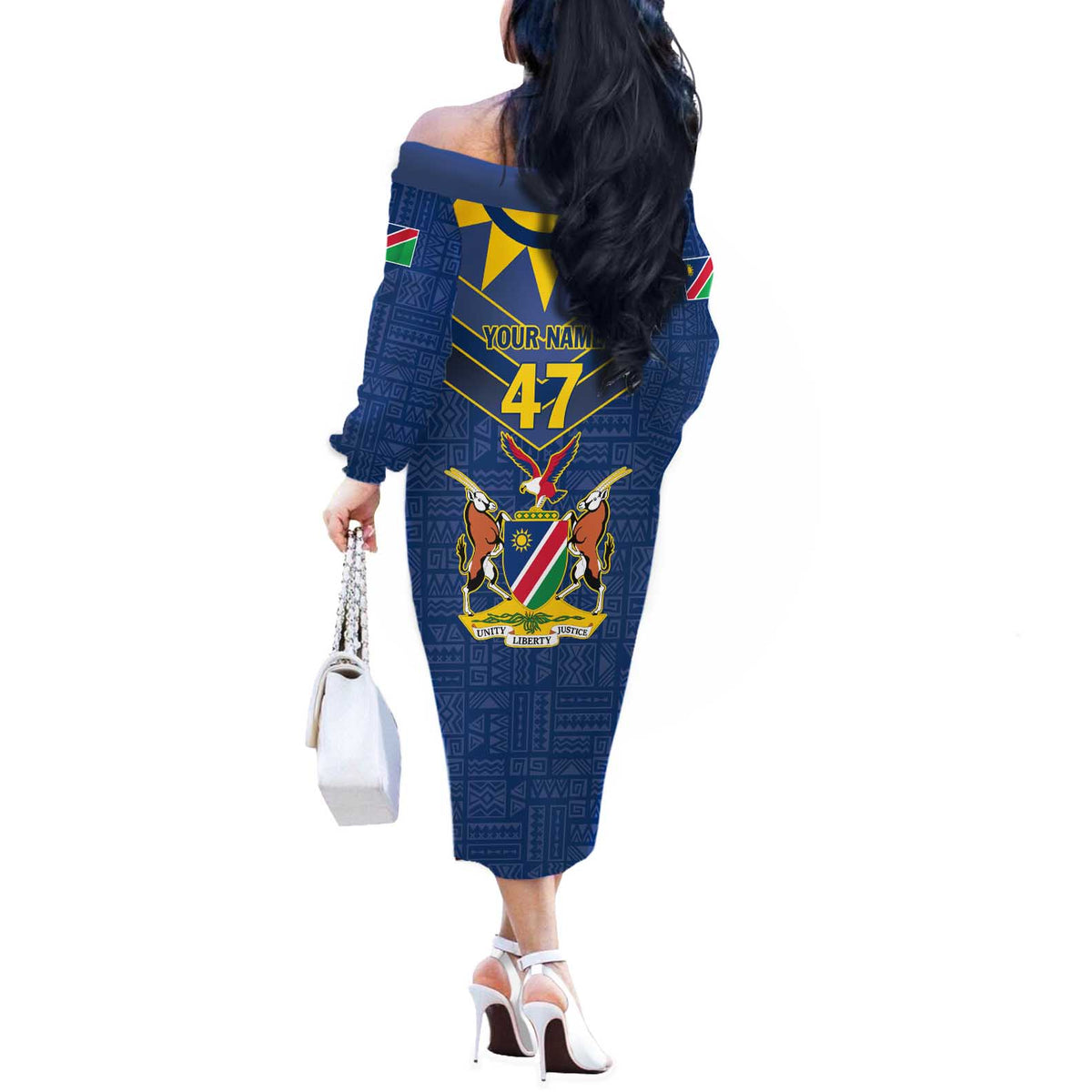Namibia National Emblem Off The Shoulder Long Sleeve Dress Sporty Style with Traditional Patterns