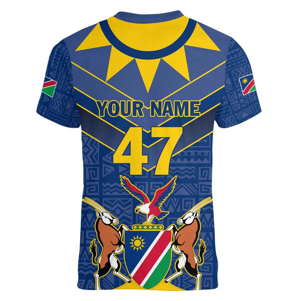 Namibia National Emblem Women V-Neck T-Shirt Sporty Style with Traditional Patterns